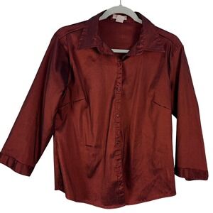 Women's Metallic Burgundy Button Front Blouse Size M Satin‎ Look Top NWB Casuals